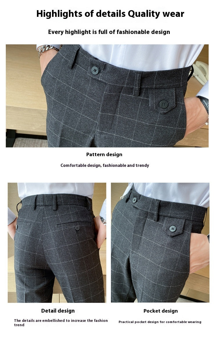Korean Style British Checkered Slim Fit Men's Suit Pants