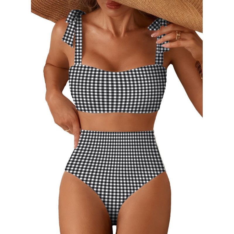 Tie-Shoulder Striped High-Waisted Bikini Set – Two-Piece Swimsuit for Women