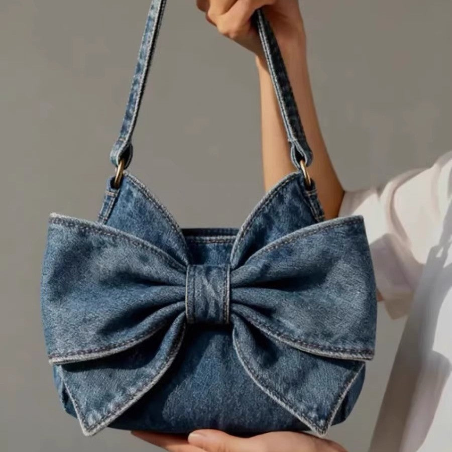 Large-Capacity Denim Crossbody Bag With Bow