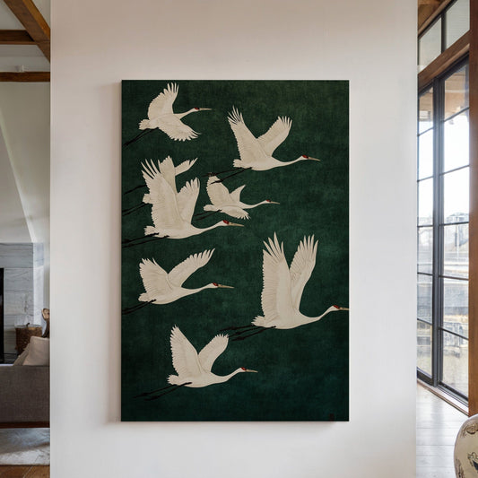 Élégante Envolée de Grues – Impression d'Art Mural Minimaliste Japonaise