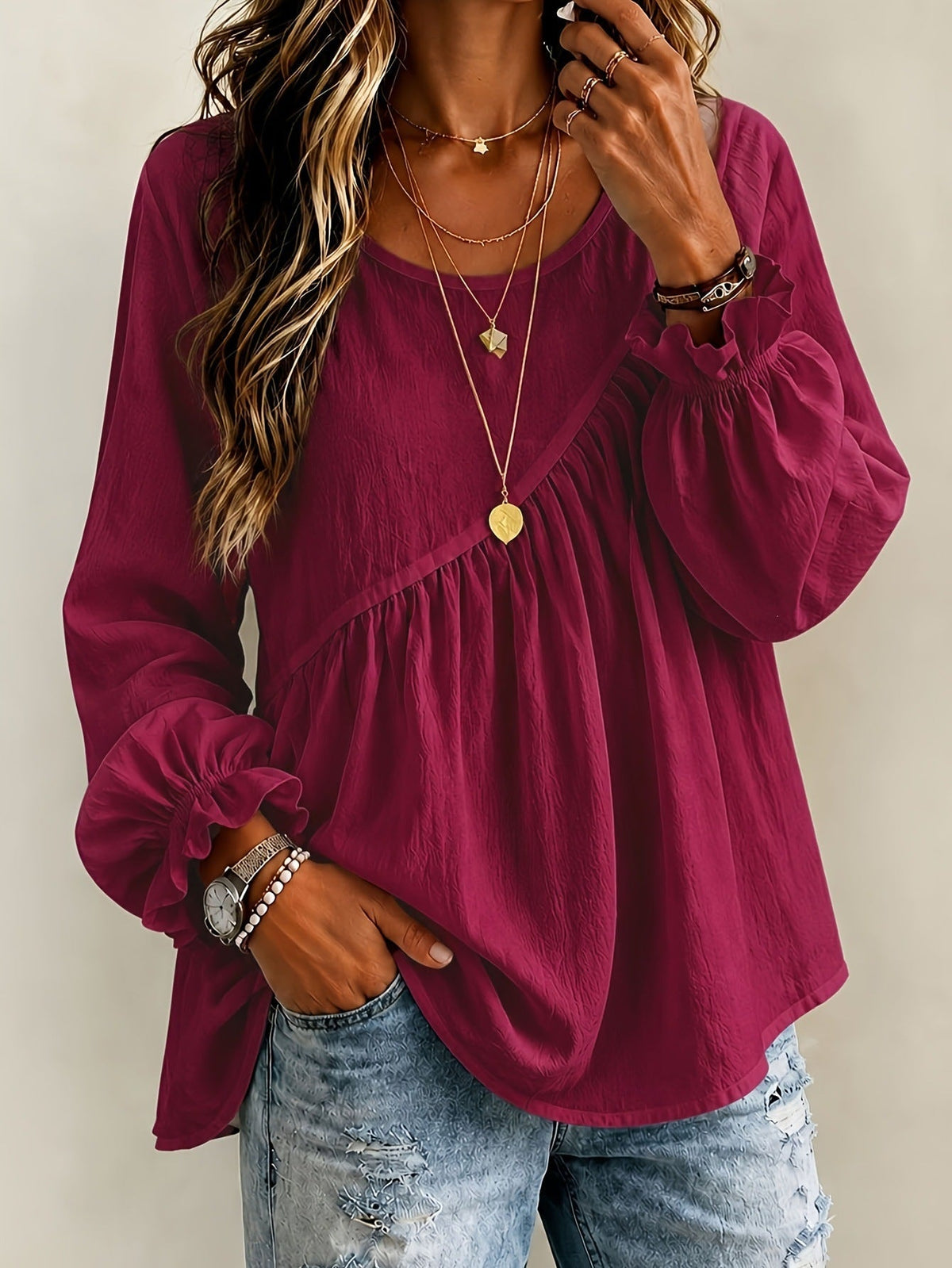 2026 New Cross-Border European And American Style Women's Solid Color Round Neck Long Sleeve Ruched Shirt Top, Casual Versatile Loose Fit