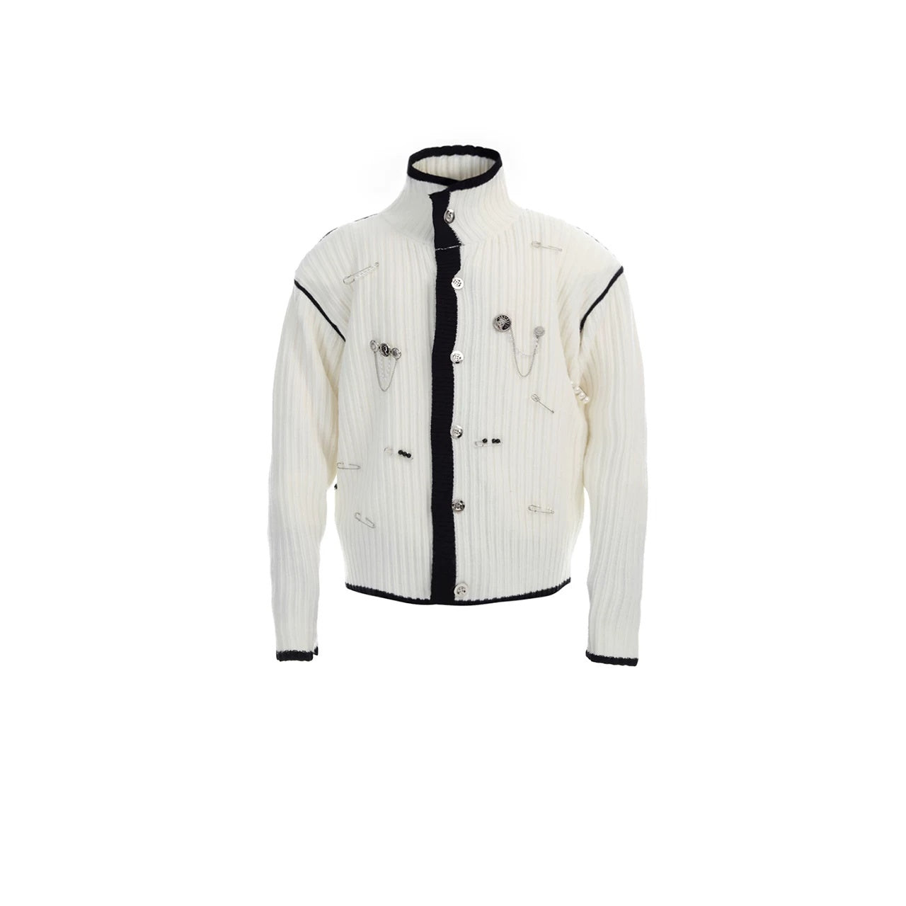 Stand-collar Contrast-color Metal-badge Knitted Cardigan Sweater