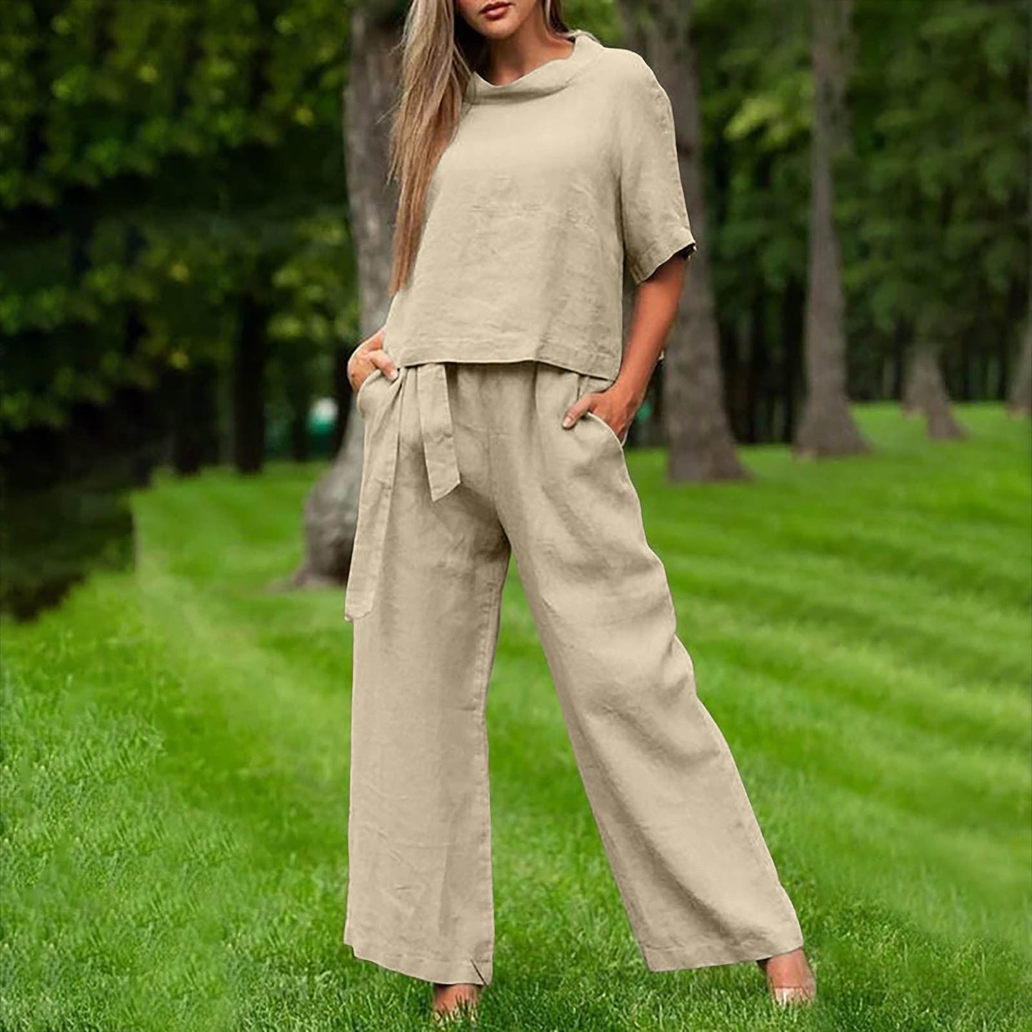 Round-Neck 3/4 Sleeve Top & Pants Two-Piece Set – 6 Colors, S–XXL