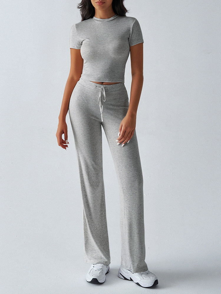 Crew Neck Short Sleeve Top & Full-Length Pants Set – Solid Color, 10 Colors