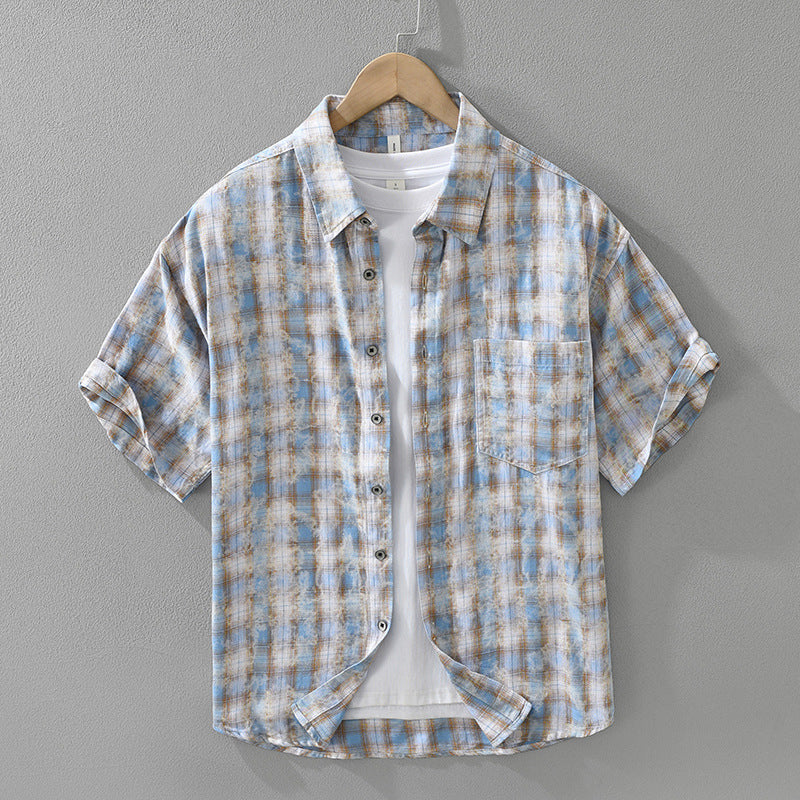 Mens Fashionable Plaid Short-Sleeve Shirt