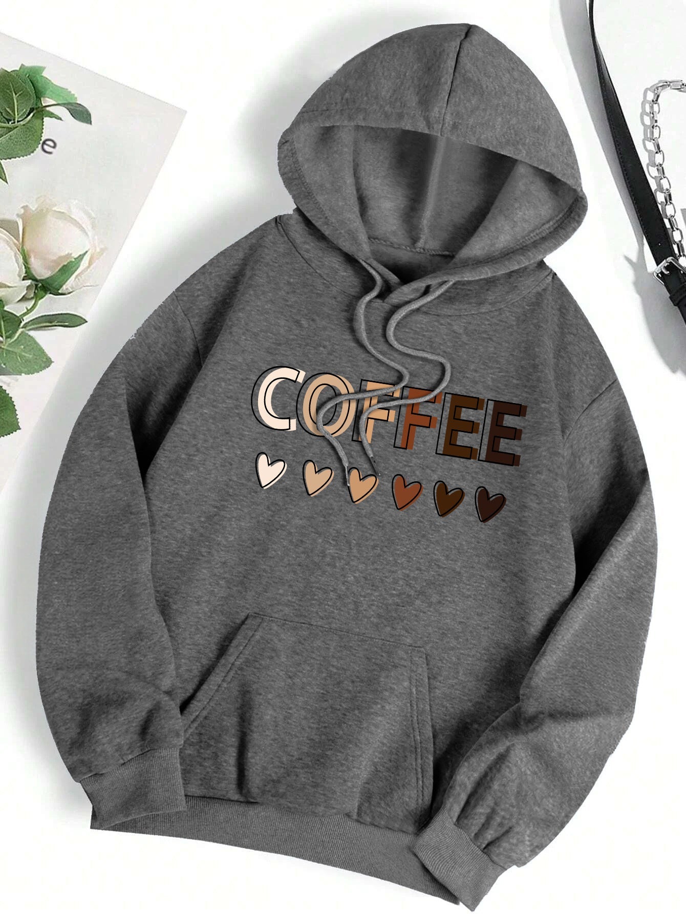 Casual Hooded Sweatshirt With Coffee-themed Lettering Print
