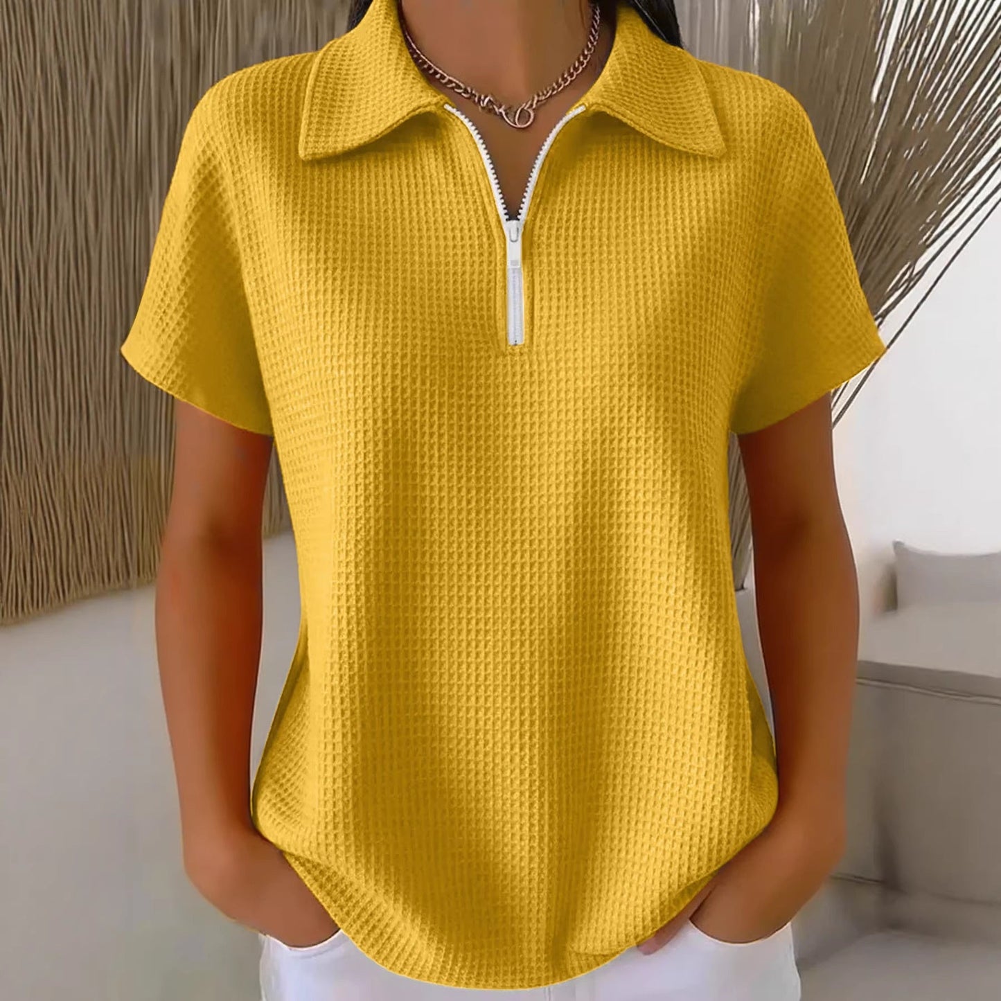 Drop Shoulder Half-Zip Waffle Knit Top – 3/4 Sleeve Pullover