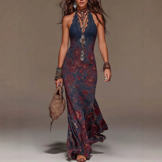 Women's Floral Print Halter Neck Deep V Lace Trim Mermaid Maxi Dress