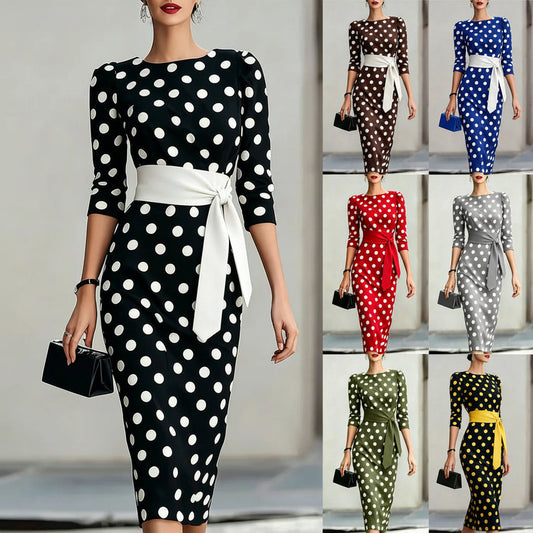 Women's Retro Polka-Dot Bodycon Midi Dress – Belted Cross-Tie