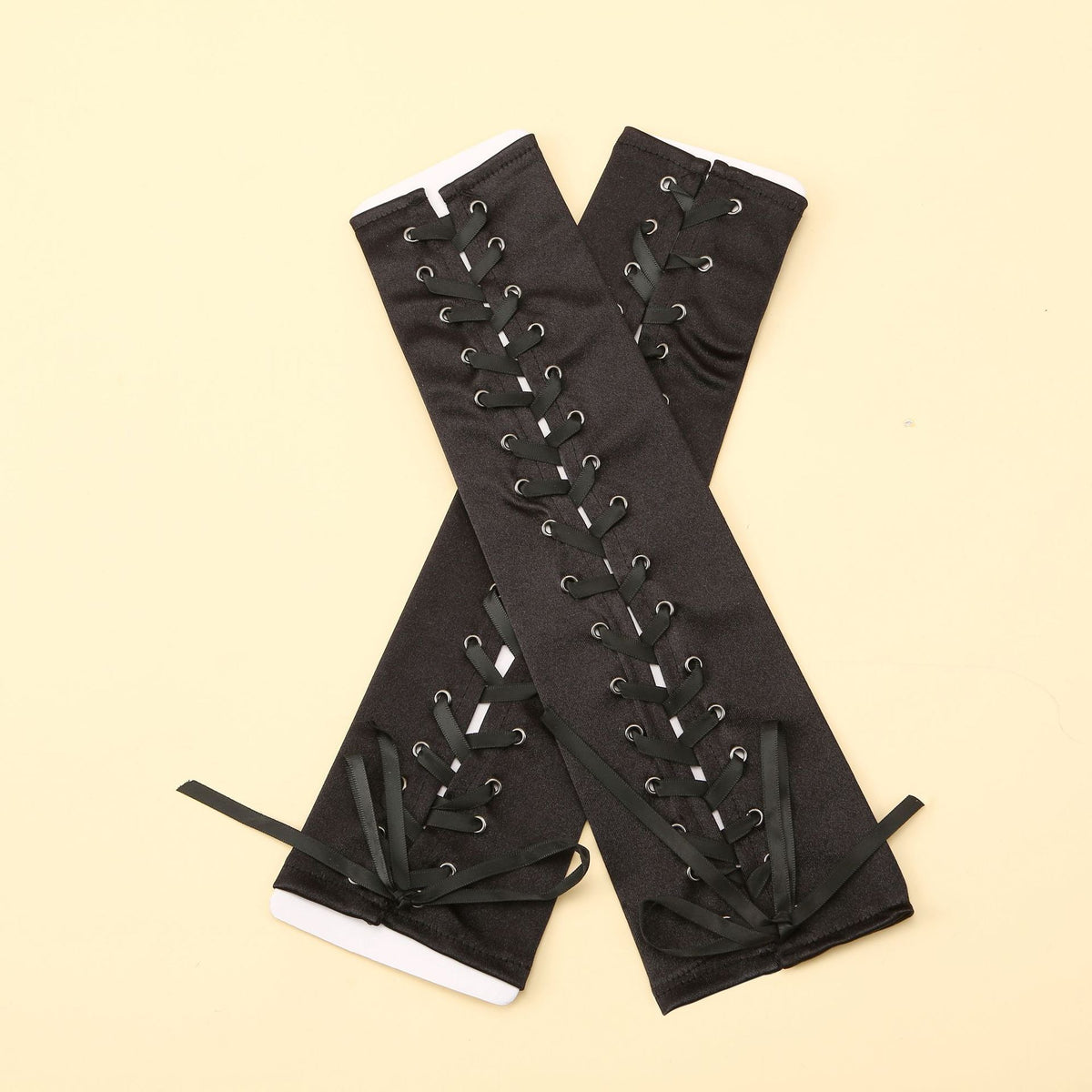 Long Black Satin Arm Sleeve Long For Wedding Lace-up Fingerless Gloves
