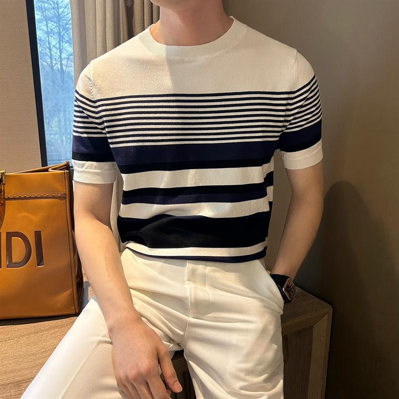 Summer Men's Knitted Crew Neck Striped Top
