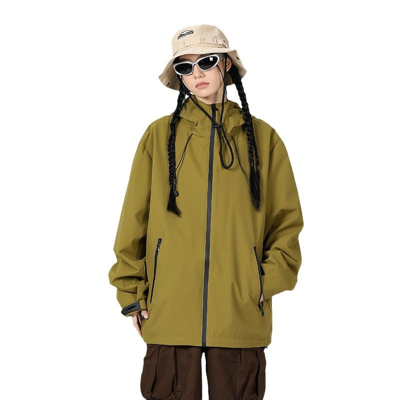 Outdoor Windproof And Waterproof Bomber Jacket Couples Style Hooded Trench Coat