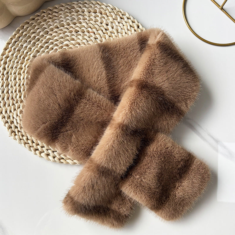 Striped Color Contrast Soft Plush Cross-hole Scarf With Retro And Sophisticated Style, Suitable For Autumn And Winter Commuting And Traveling Outfits.