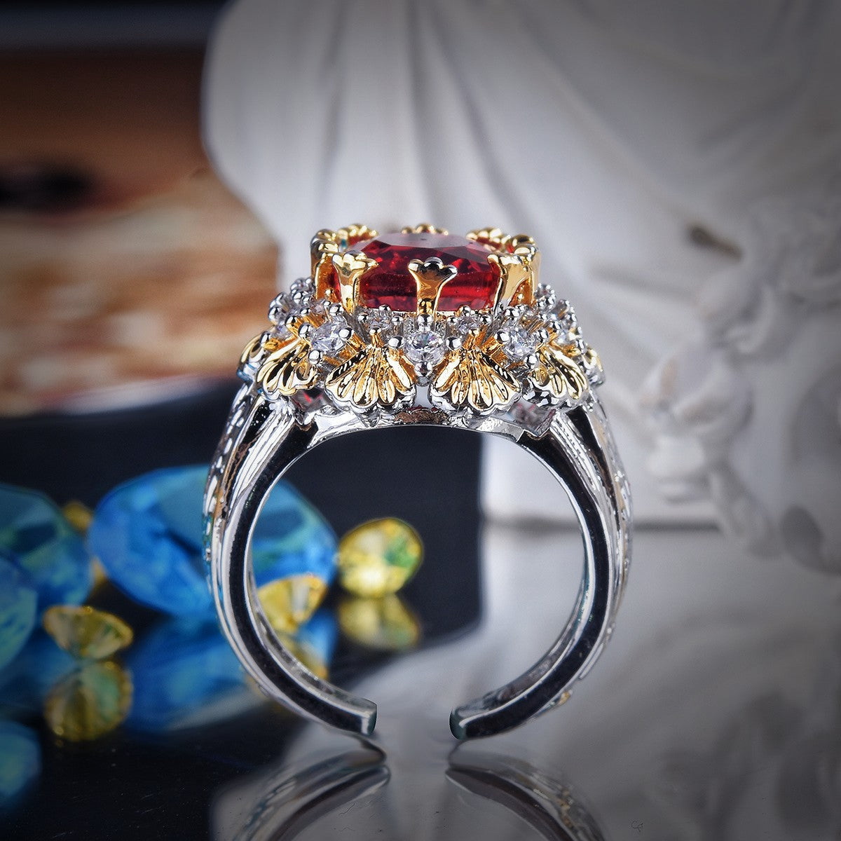 Vintage Two Tone Floral Prong Adjustable Open Ring For Women, Square Cut Scarlet Tone Simulated Zirconia Full Micro Pave Rhinestone Light Luxury Party Statement Finger Jewelry