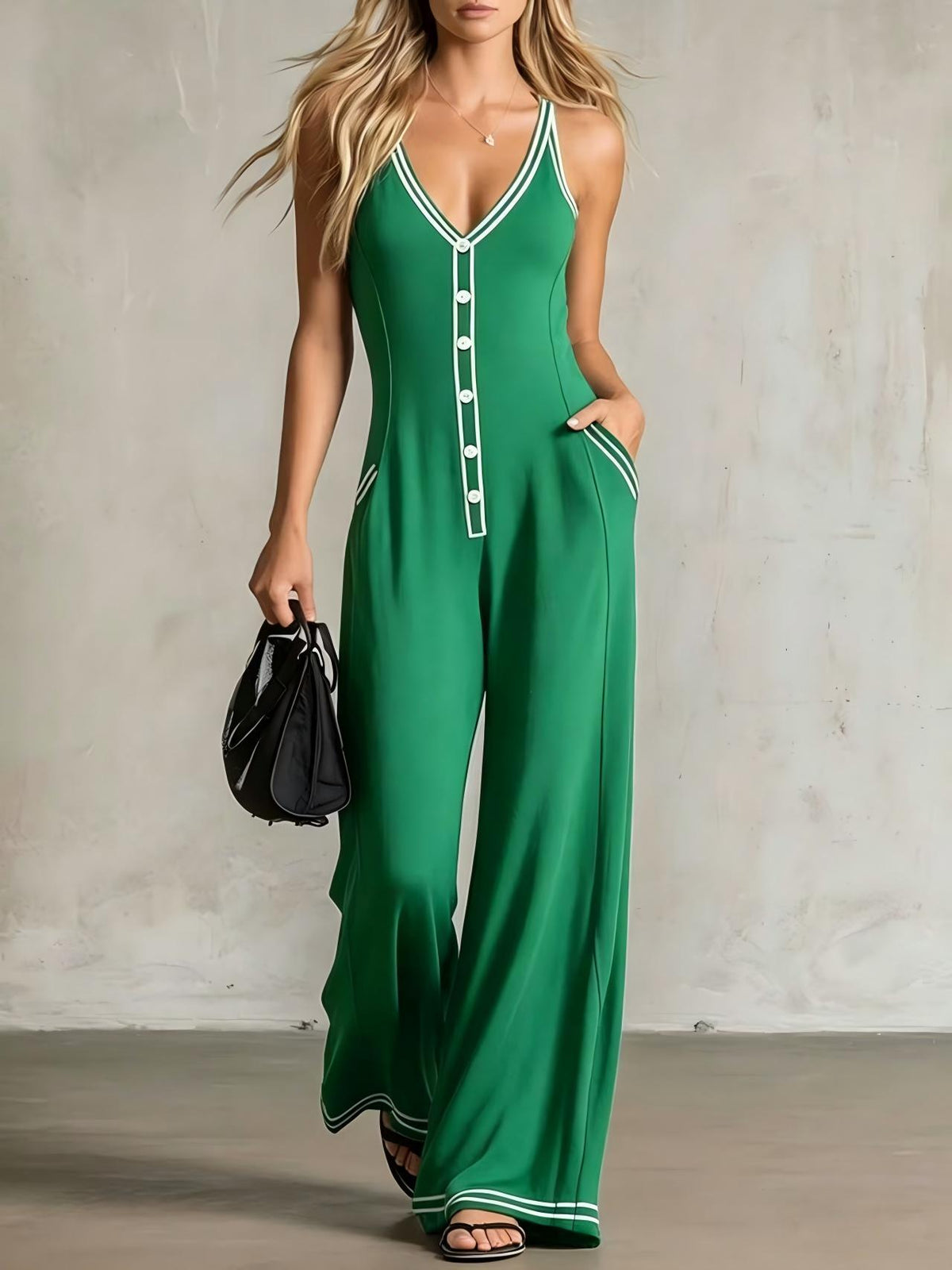 Women's V-Neck Backless Wide-Leg Jumpsuit – High Waist Casual