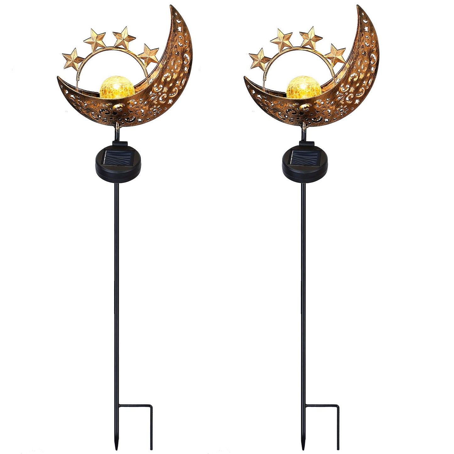 Lampe solaire lune et étoile étanche IP54 Lampe décorative en verre craquelé Piquets en fer pour jardin, pelouse, cour, allée