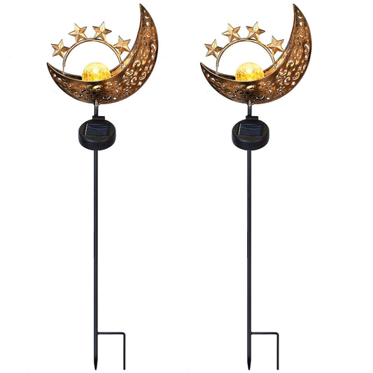 Lampe solaire lune et étoile étanche IP54 Lampe décorative en verre craquelé Piquets en fer pour jardin, pelouse, cour, allée