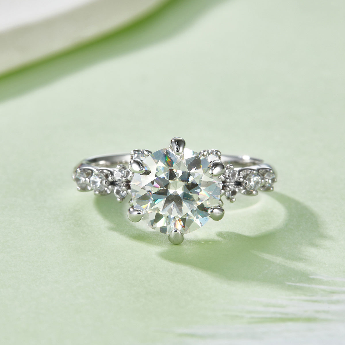S925 Sterling Silver 2ct Moissanite Ring, 8mm D-VVS1 Round Cut With Floral Accent Band, Platinum Plated US Sizes 5-9, GRA Certified Gift Box
