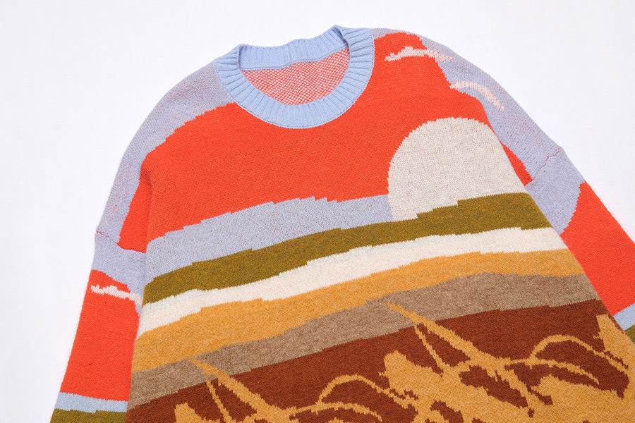 Pull en tricot motif scène agricole