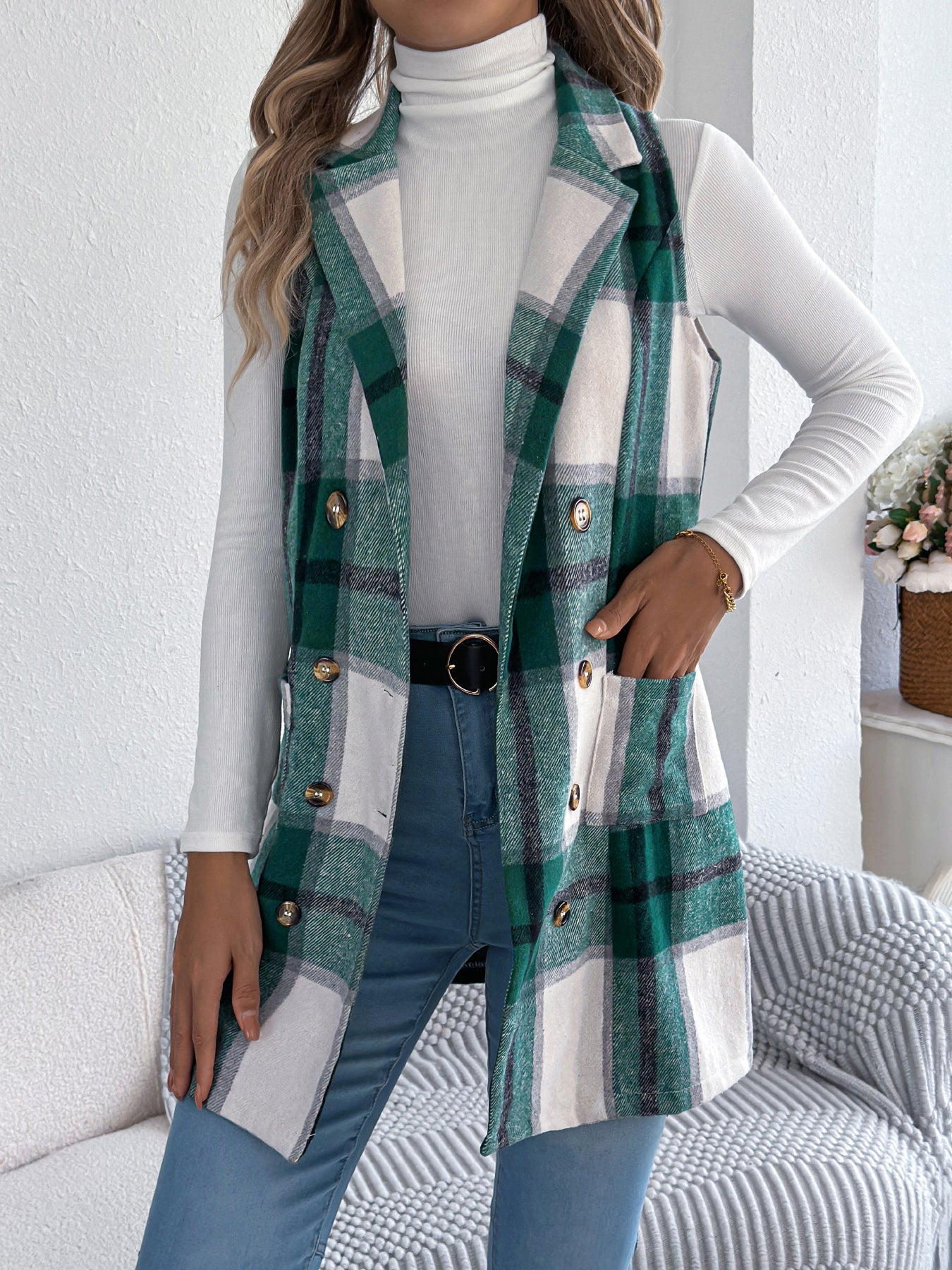 Women's Plaid Double-Breasted Pocket Tweed Long Vest
