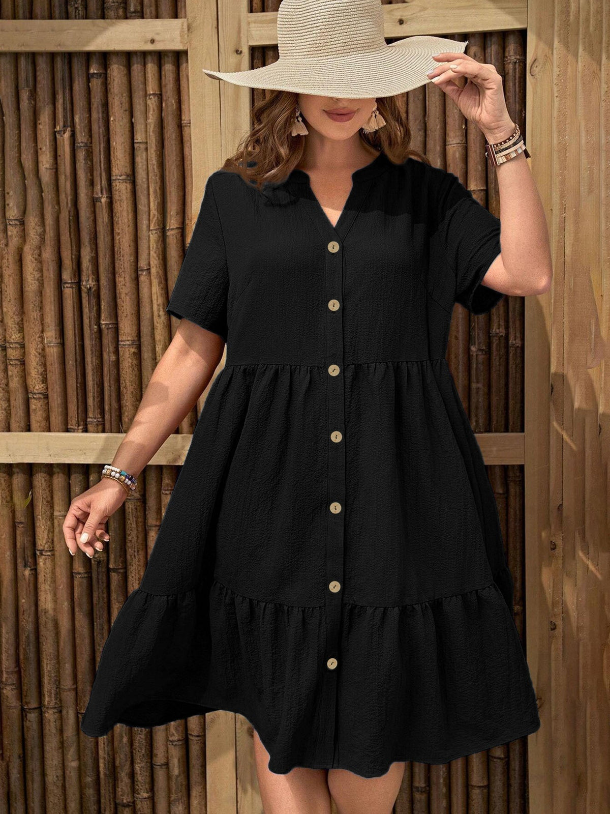 Plus-Size Button-Front V‑Neck Midi Dress