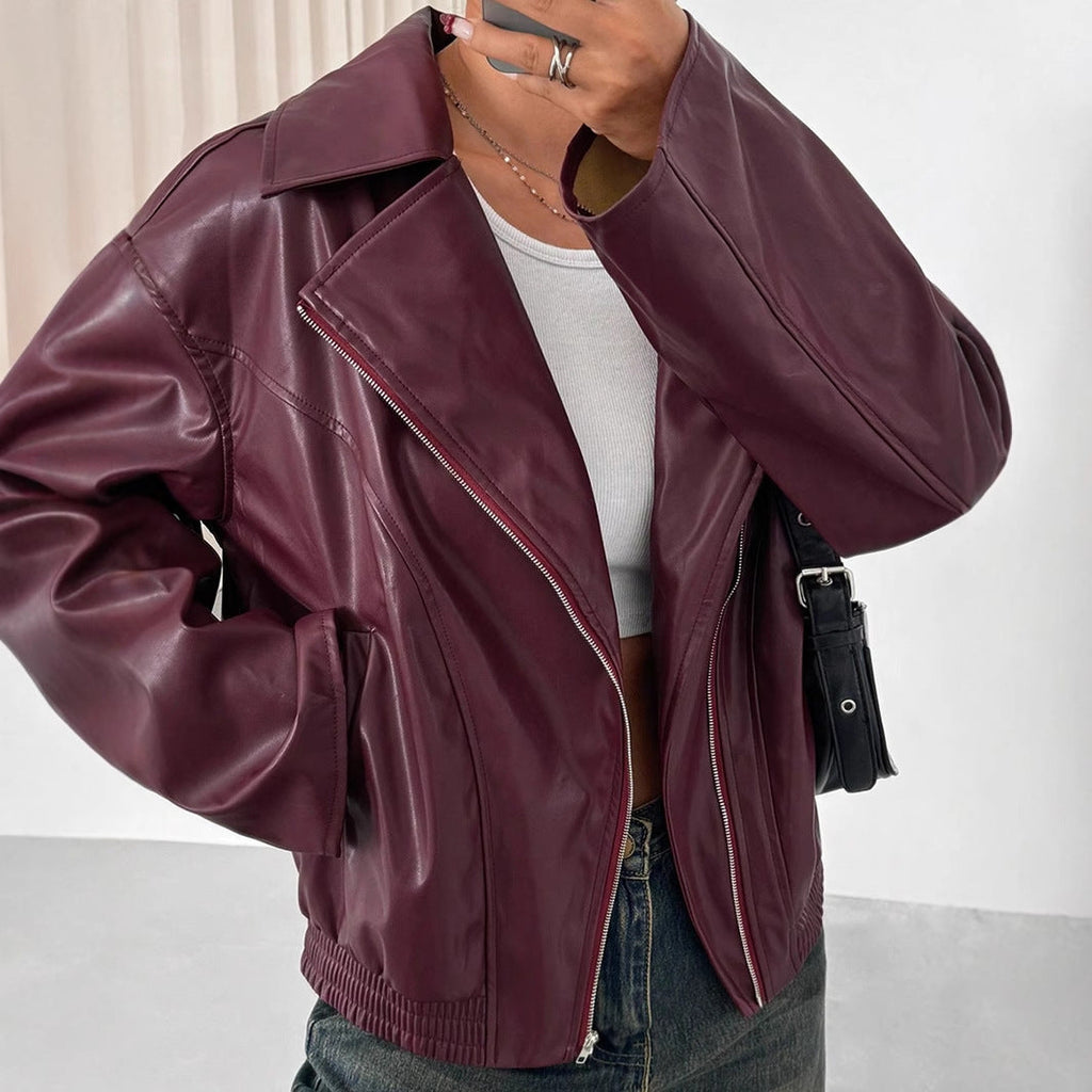 Loose-fitting Long Sleeves Leather Jacket Coat