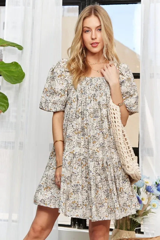 New Summer Floral Square Neck Puff Sleeve Dress For Women – Feminine, Fluttering, Romantic, Vintage-Inspired Floral Dress