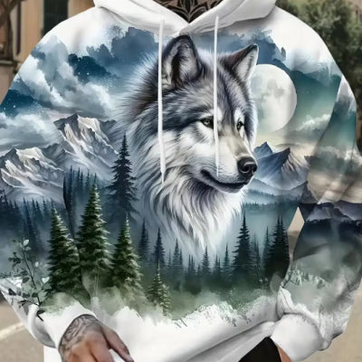 Mens Casual Loose-Fit Printed Hoodie Top