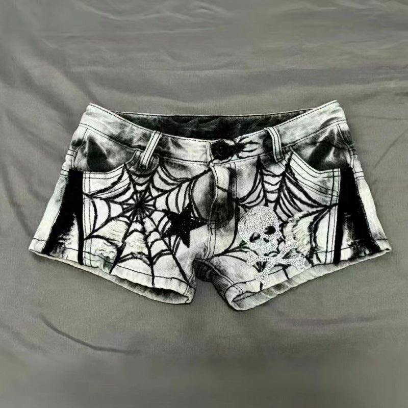 Womens American-style Spiderweb Print Diamond Skull And Star Denim Shorts