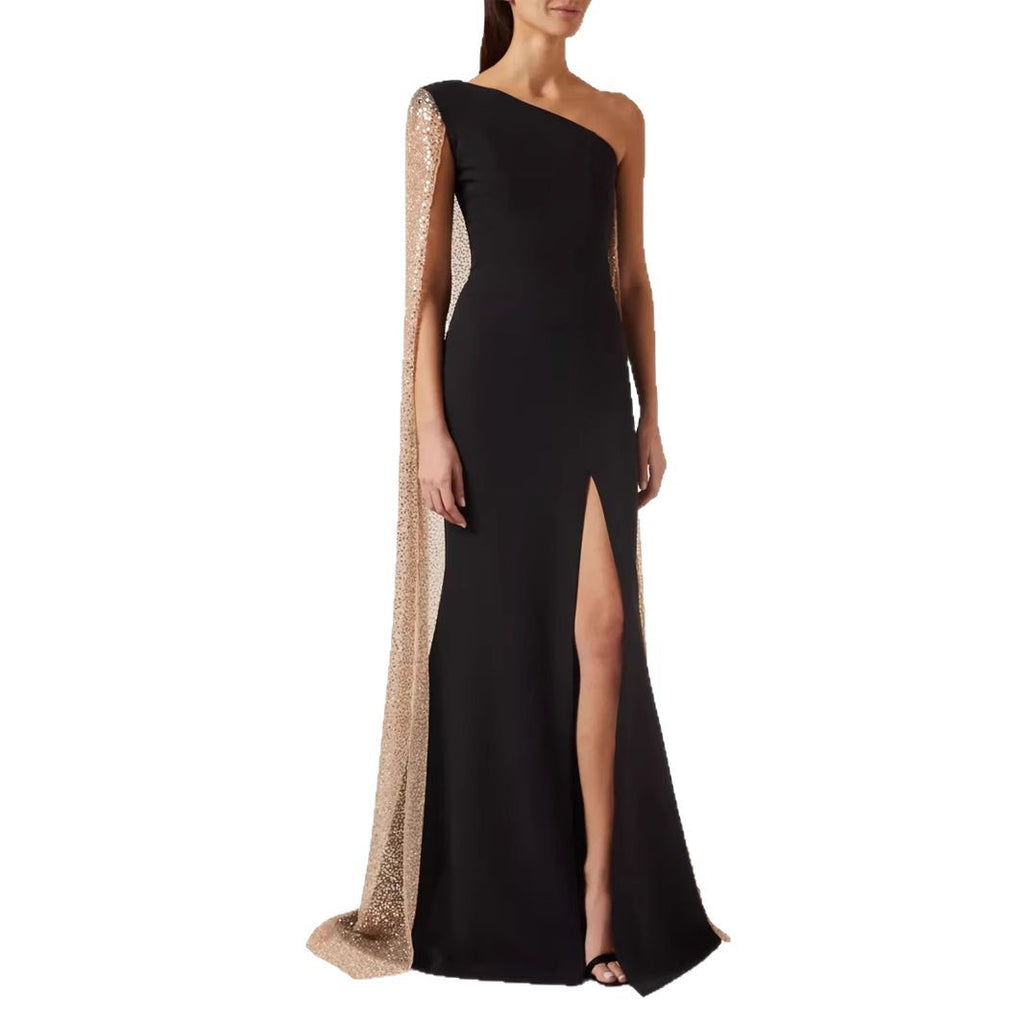 One-shoulder Cloak Slit Black Dress