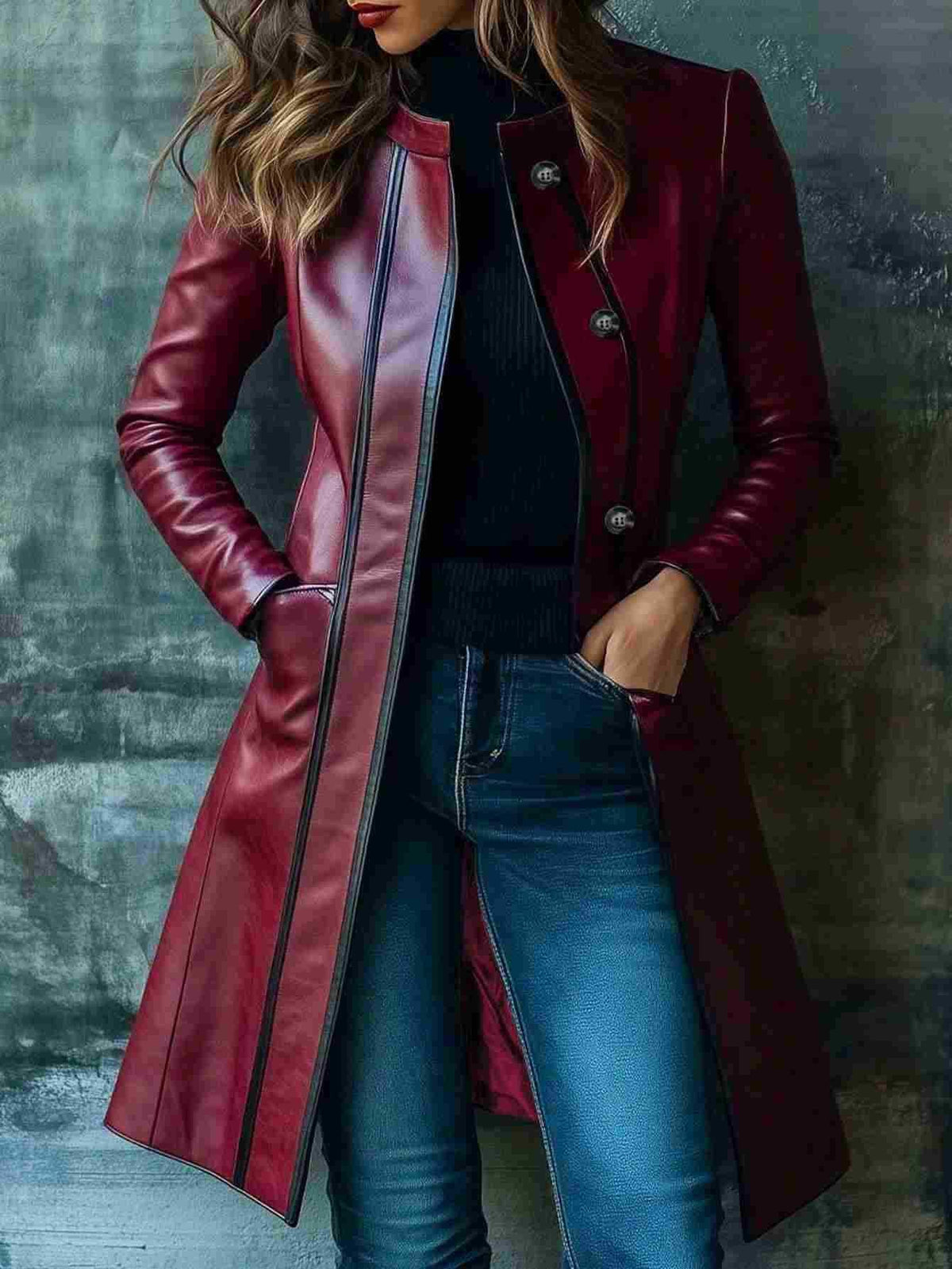 Retro Black Color-block Collar Leather Jacket Trench Coat
