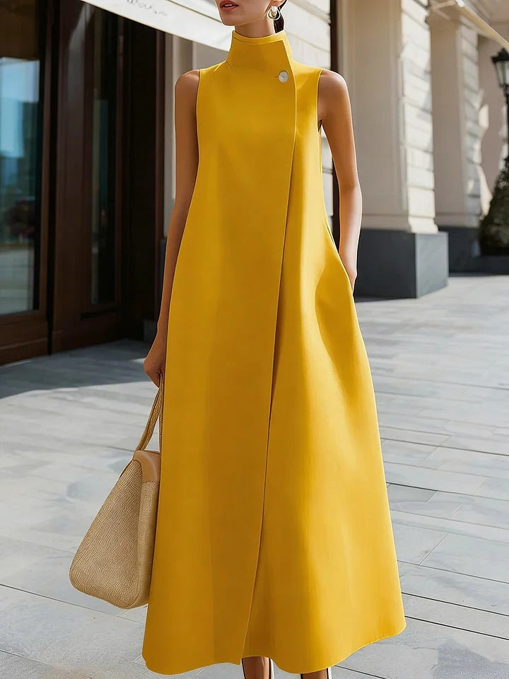 Elegant Sleeveless Long Dress – Stand Collar Office & Casual Dress