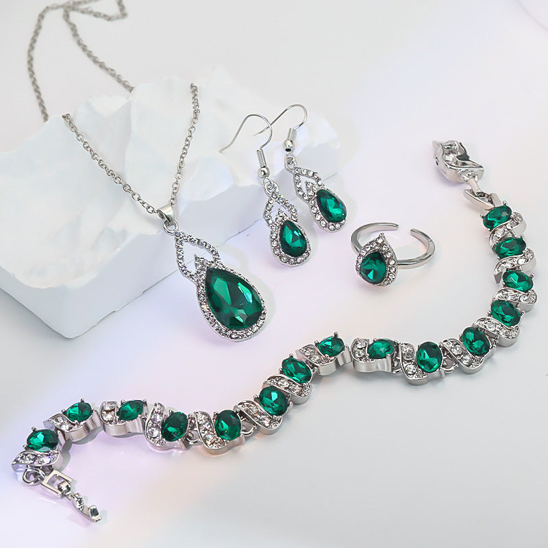 Light Luxury Zircon Necklace Earrings Open Ring Jewelry Suit