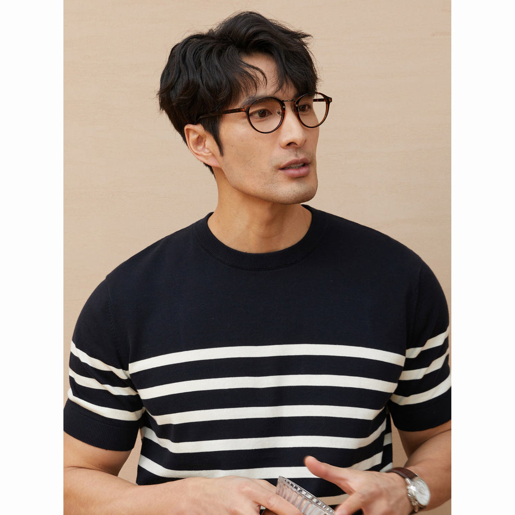 Summer New Short-sleeved Knitted Sweater Men's Striped Light Luxury Business Casual