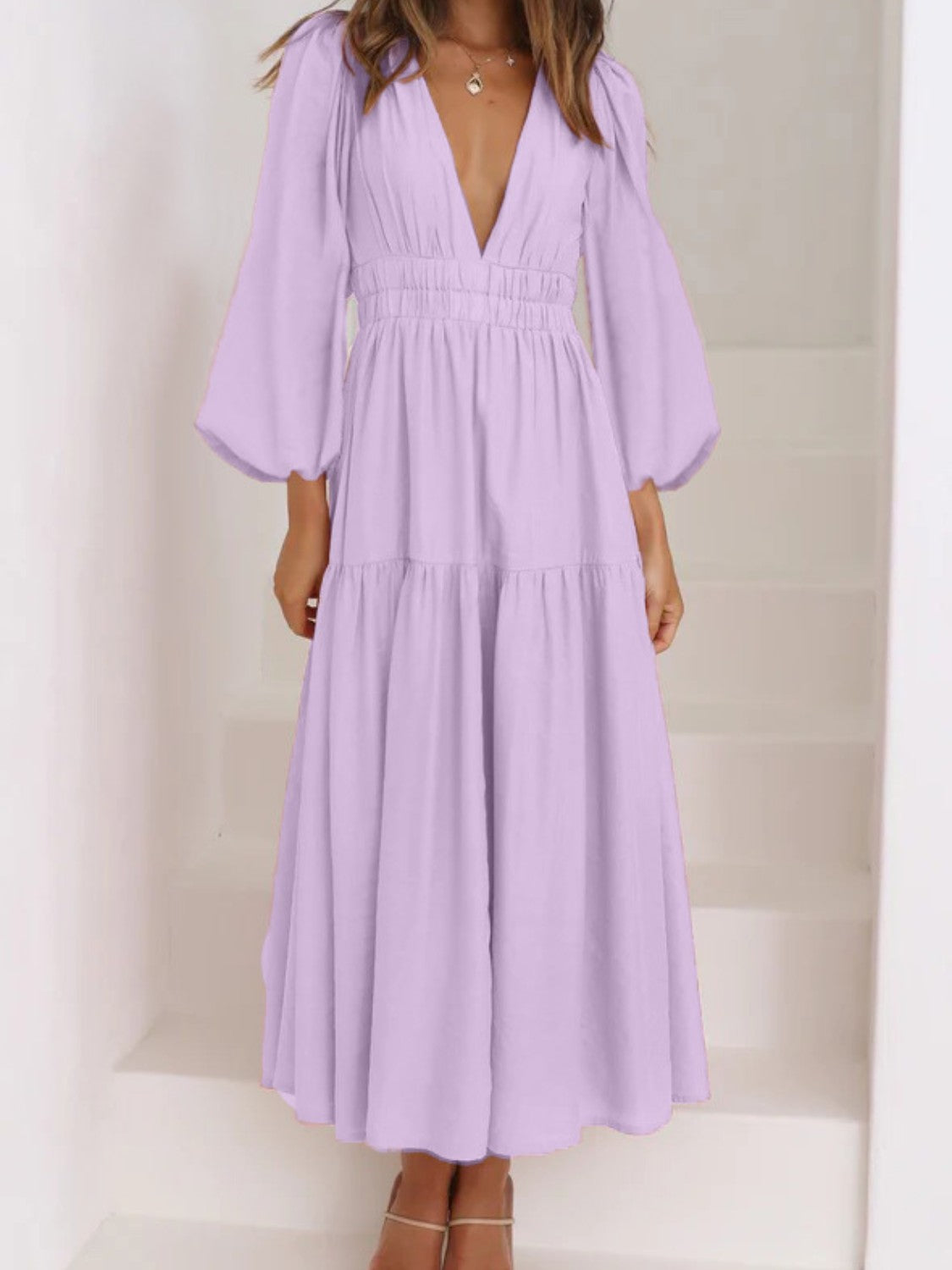 Lightweight Deep V-Neck Balloon Sleeve Maxi Dress Elegant & Flowing Silhouette Unique Dress