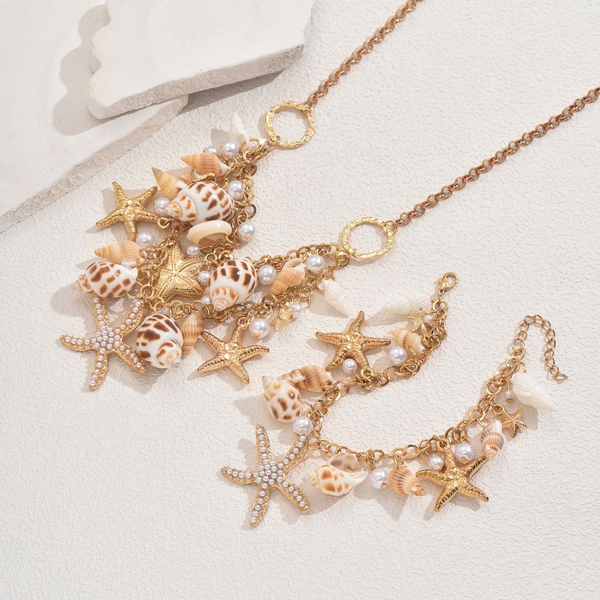 Cross-border European American Ocean Style Women Jewelry Set, Unique Starfish & Shell Inlaid Pearl Design Matching Necklace & Bracelet Accessories