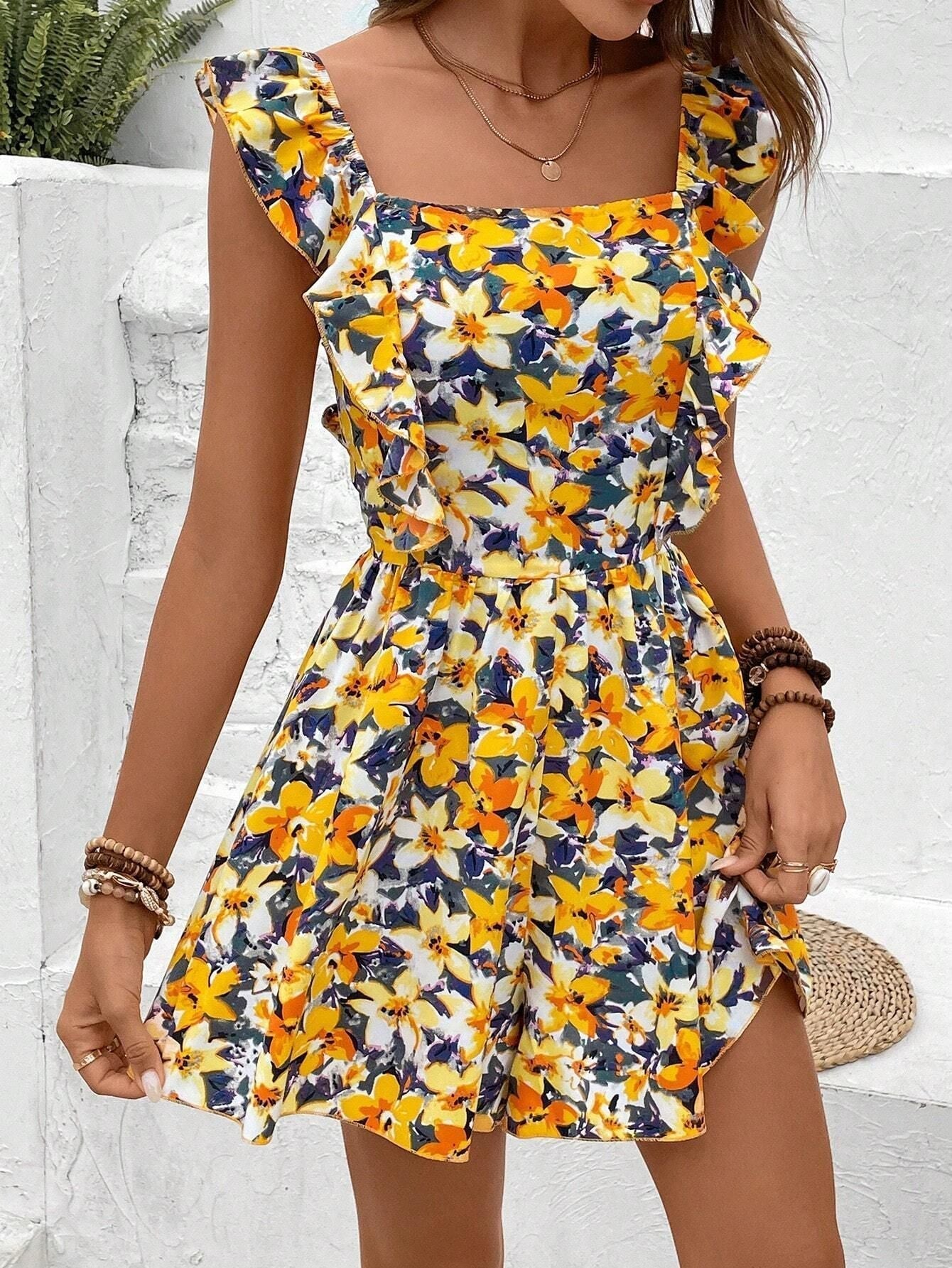 Women's Sleeveless Square Neck Printed Boho Jumpsuit
