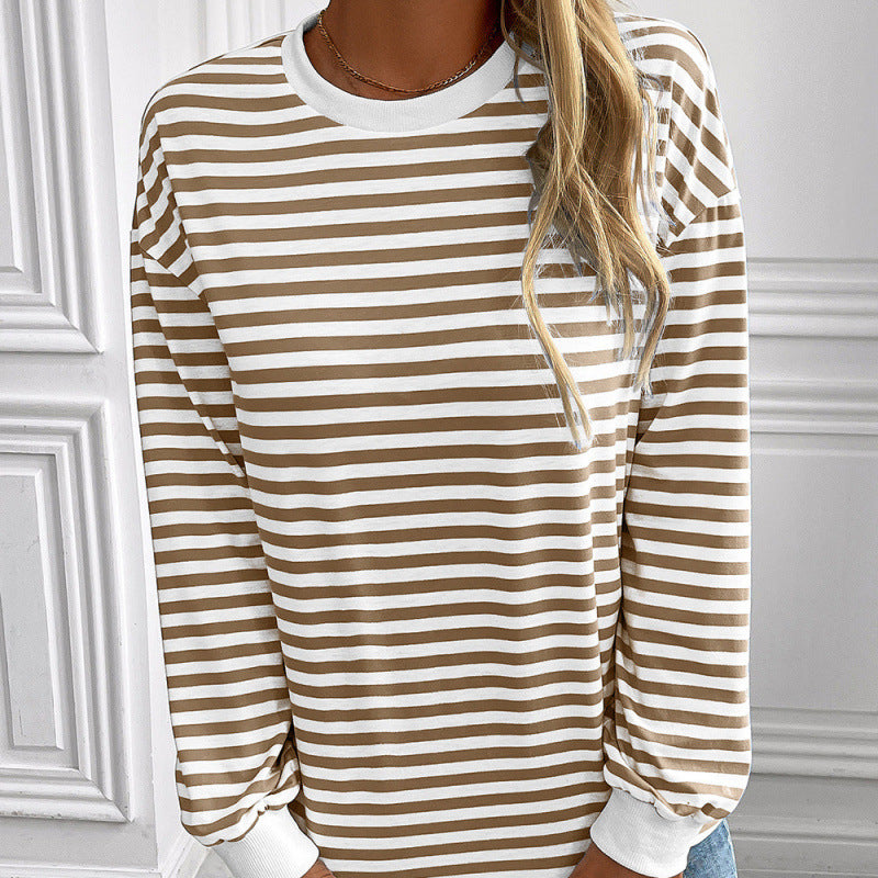 Navy Striped Crew-neck Long-sleeve Loose-fitting Top