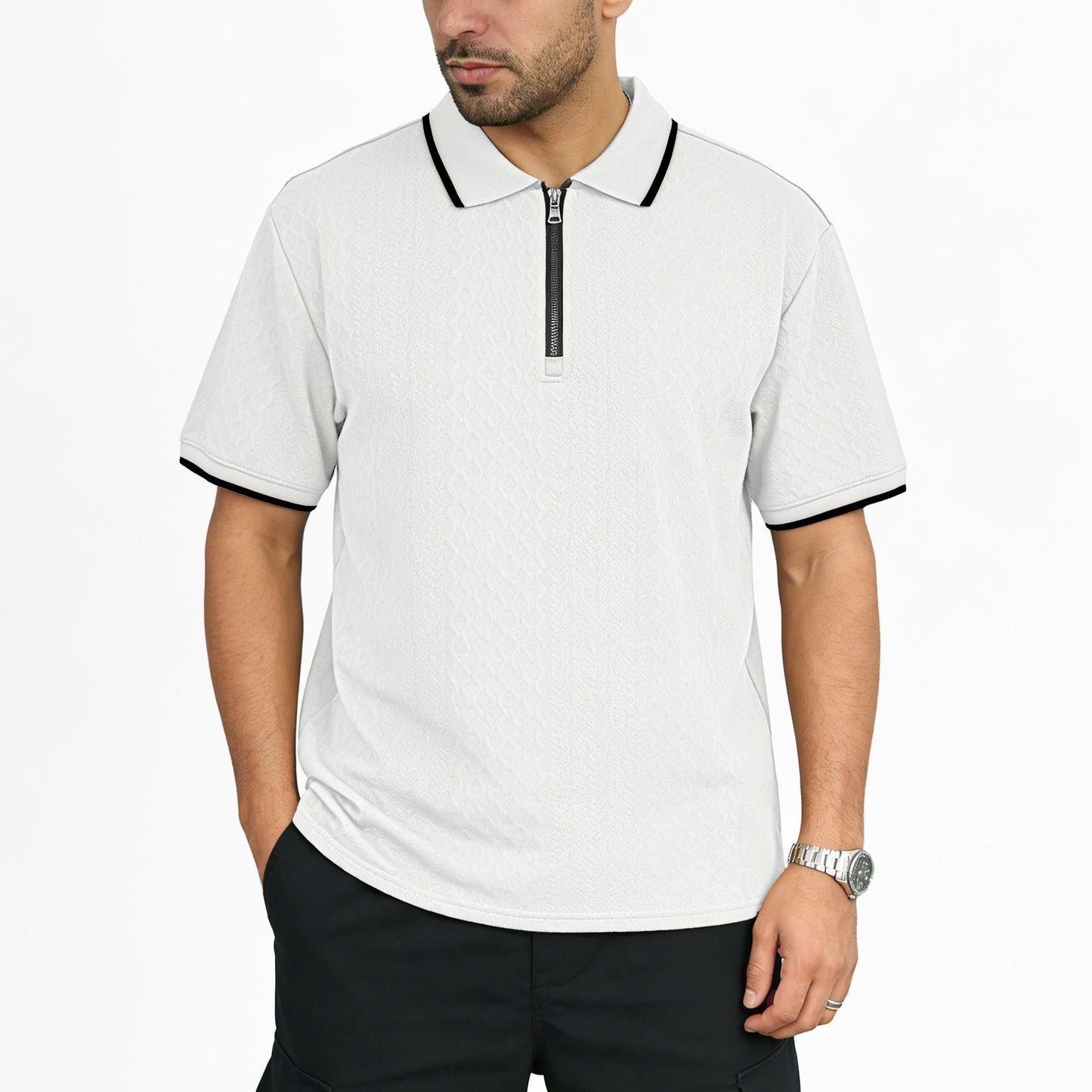 Mens Jacquard Loose-Fit Short-Sleeve Zip-Up Polo Shirt