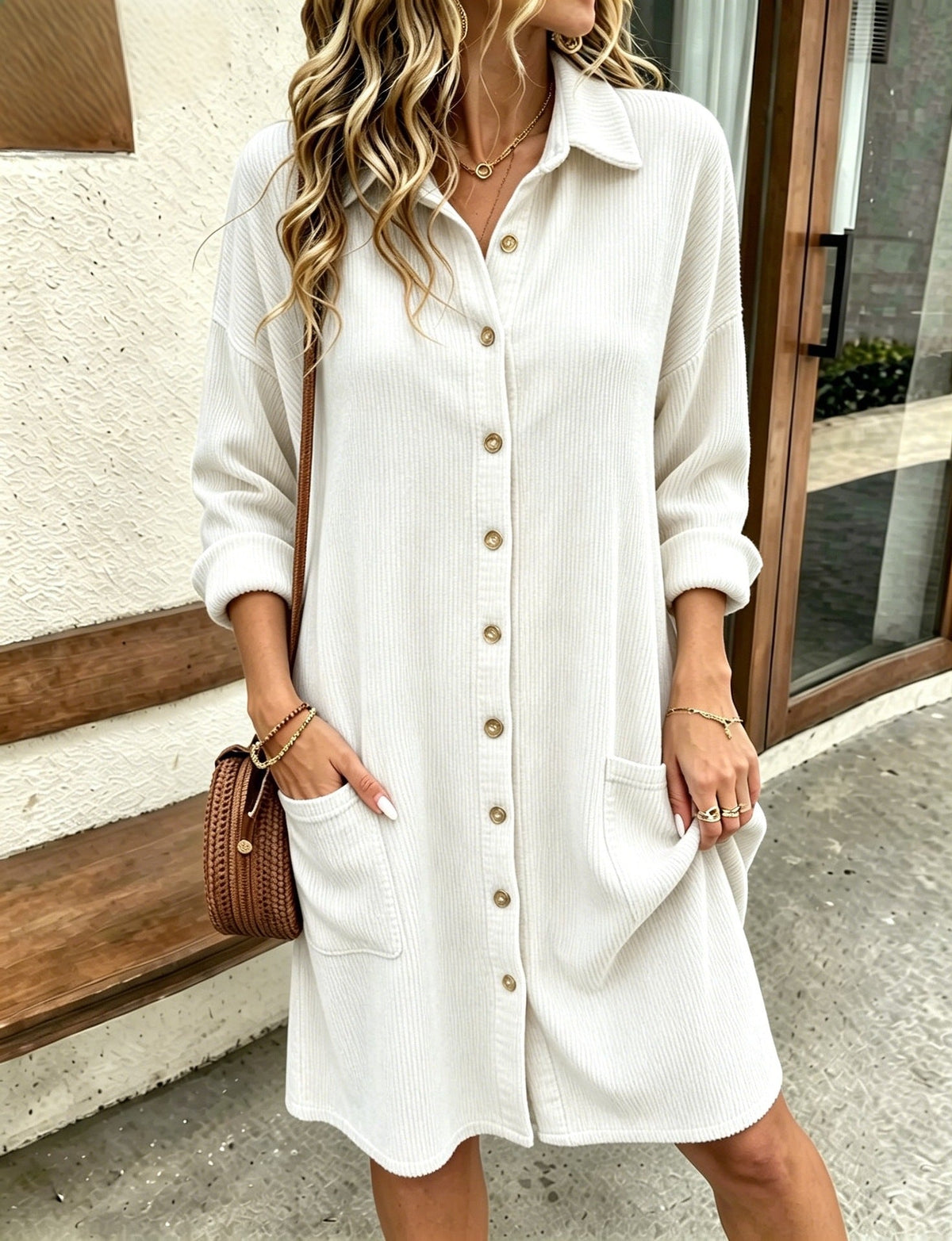 Autumn New Womens Corduroy Shirt Dress With A Turn-down Collar And Single-breasted Design