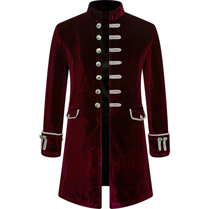 Mens Solid-Color Steampunk Velvet Uniform Stand-Up Collar Coat