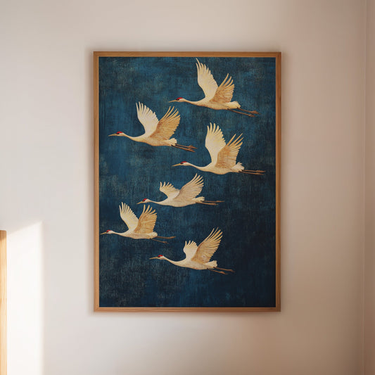 Elegante Kanadakraniche im Flug – Minimalistische Vogelkunst im japanischen Stil