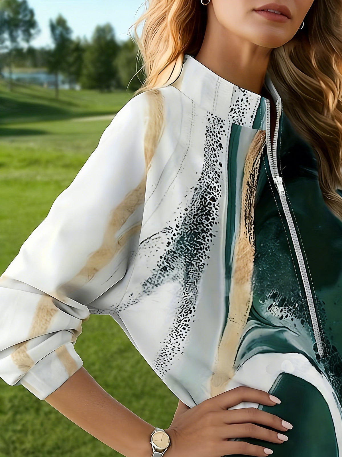 Plus Size Women's Half Zip Stand Collar Long Sleeve Jacket, Abstract Marble Print Casual Outerwear For Golf Travel Daily
