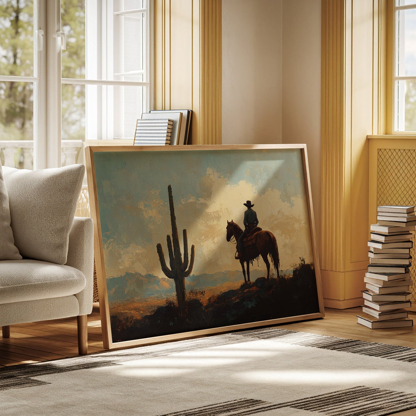 Cowboy-Sonnenuntergang bei den Saguaros