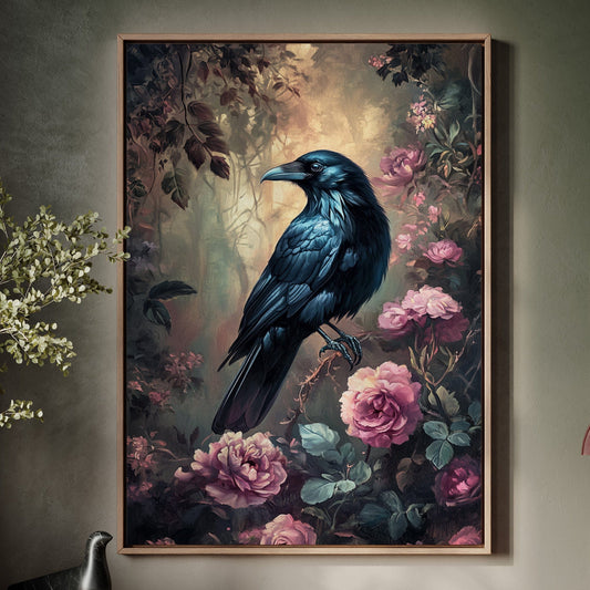 Corbeau de Minuit : Décoration Murale sur Toile Florale Gothique