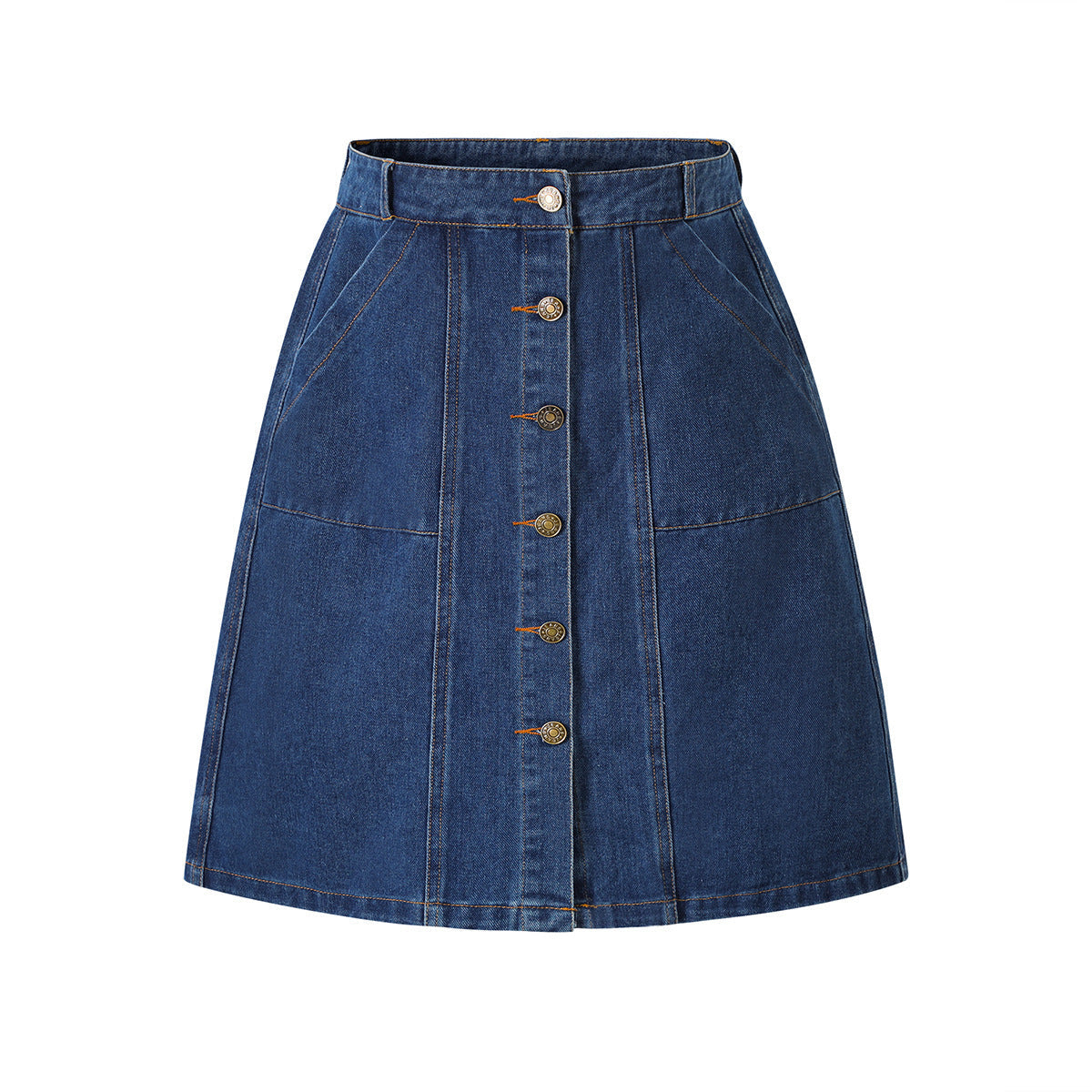 Solid-color Single-breasted Denim Skirt With Pockets