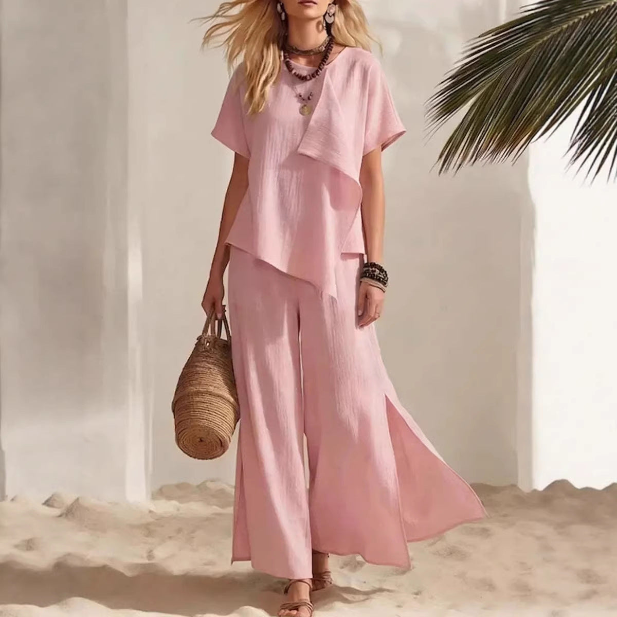 Casual Asymmetrical Short-sleeve Top And Slit Wide-leg Pants Set