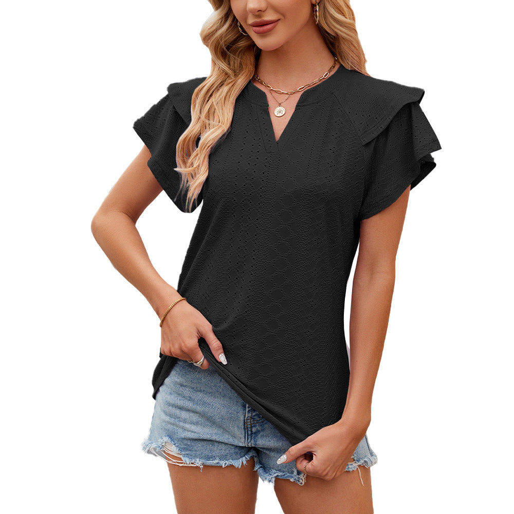 Solid Color Double-layer Sleeve V-neck Loose Short Sleeve T-shirt Top