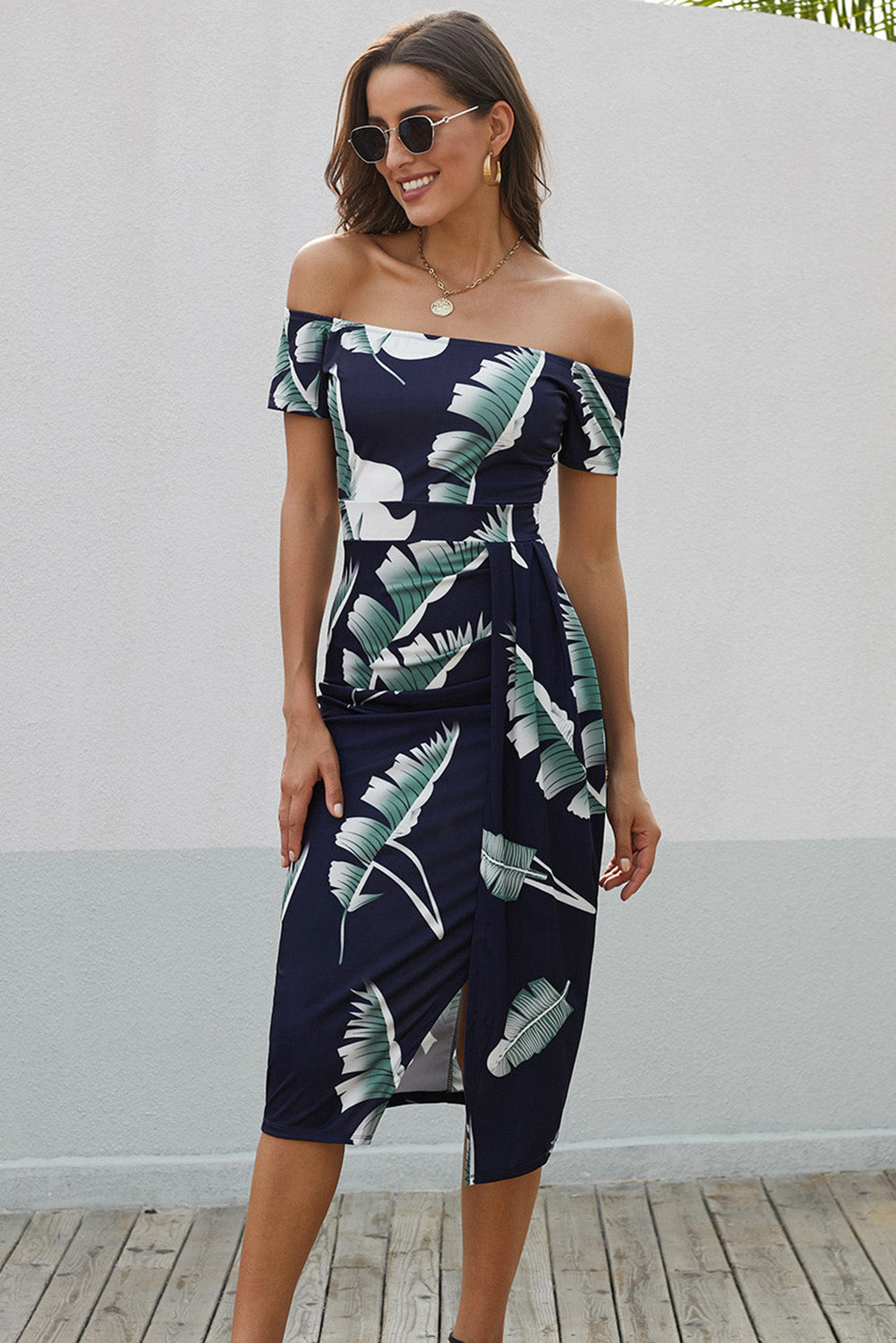 Charming Printed Off-Shoulder Midi Dress with Slit Classy & Feminine Look