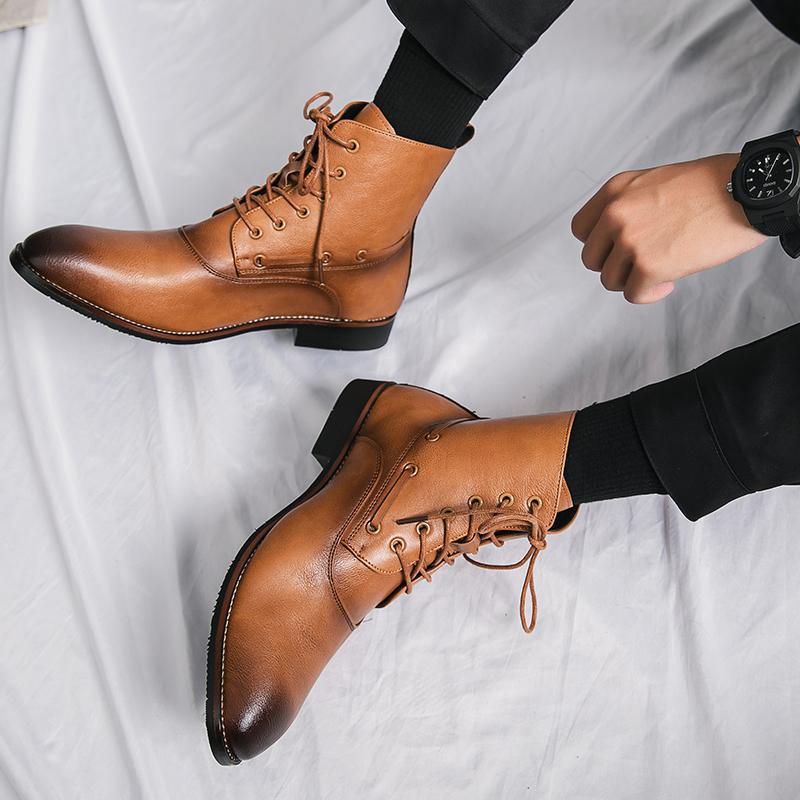 Mens Shoes British-style Height-increasing Leather Boots Hairstylist-pointed-toe Leather Shoes